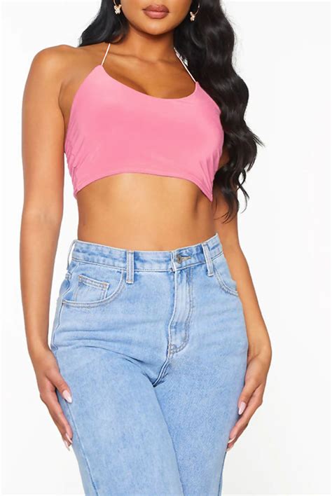 Wholesale Bubblegum Pink Slinky Spaghetti Strap Halterneck Crop Top