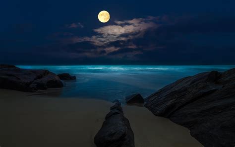 Download Horizon Moon Sea Ocean Night Nature Beach Hd Wallpaper