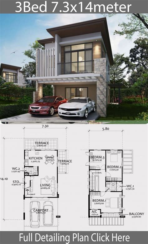 Modern Style Two Story House Plan 73x14m Home Ideas Architectural