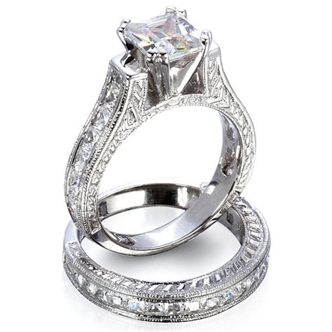 Sterling Silver Princess Or Round Brilliant Cut Cathedral Antique Inspired Wedding Set Cz Cubic