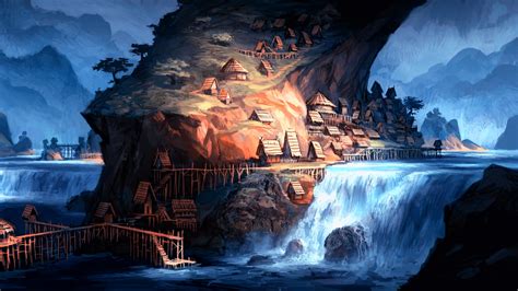 Fantasy Art Landscapes Waterfalls Rivers Islands Town Village Houses