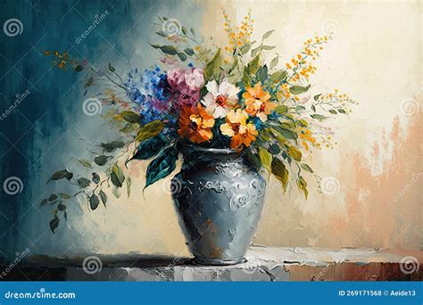 Still Life Bouquet Of Colorful Flowers In A Vase Impressionist Vintage