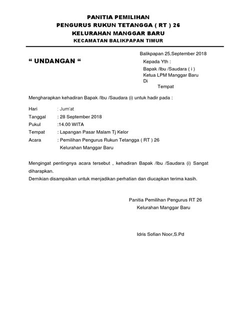Ada dua jenis surat undangan yaitu surat undangan tidak resmi dan resmi. Contoh Undangan Pemilihan Rt - Aneka Contoh