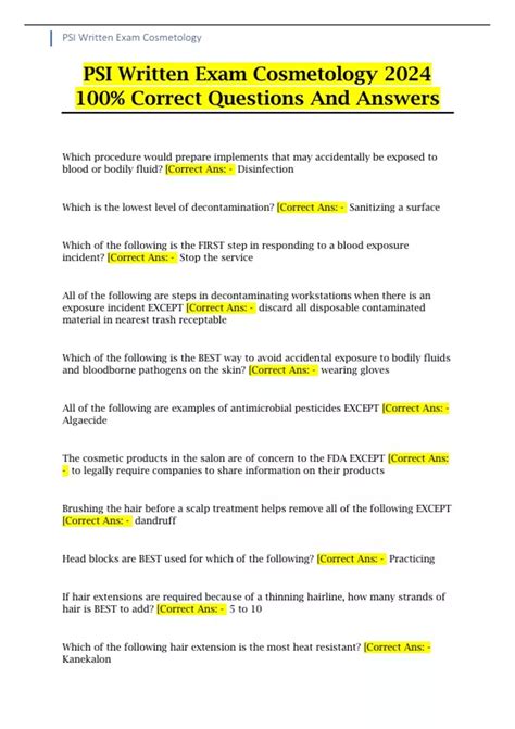 PSI Written Exam Cosmetology 2024 100% Correct Questions And Answers
