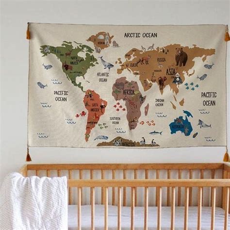 Big World Map Tapestry Organic Cotton Fabric Tapestry Kid Room Etsy