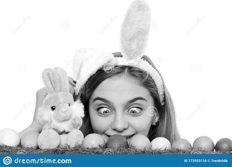 Surprised Girl Wear Bunny Ears On Easter Day Young Woman With Painted