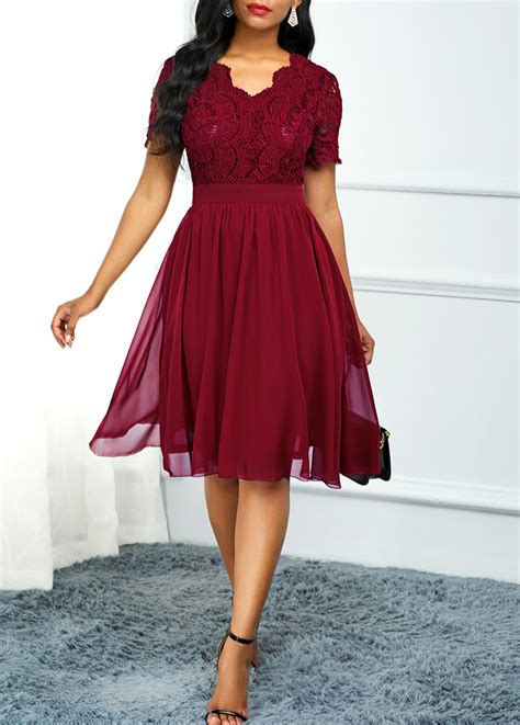 High Waist Lace Panel Short Sleeve Red Dress Usd 3898