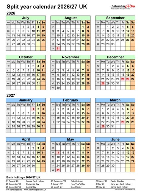 Split Year Calendars 202627 Uk July To June For Excel