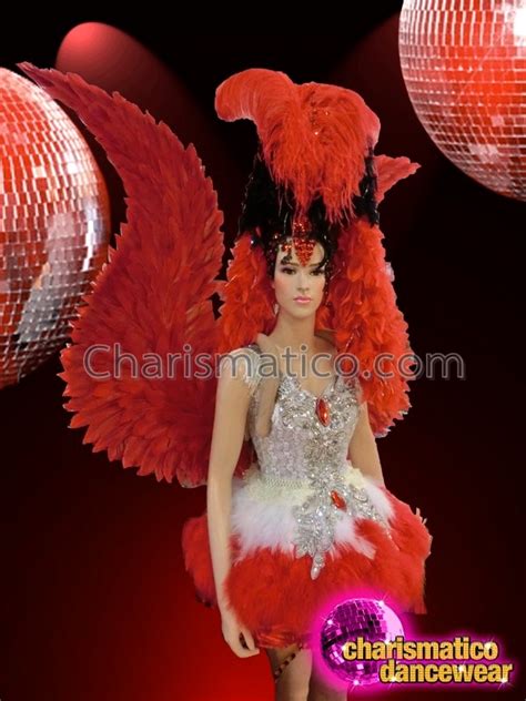 Charismatico Complete Red Feather Showgirls Costume Set With Silver