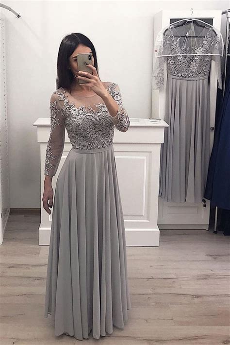 Gray Long Sleeve Chiffon Long Prom Dresses Lace Appliques Bridesmaid