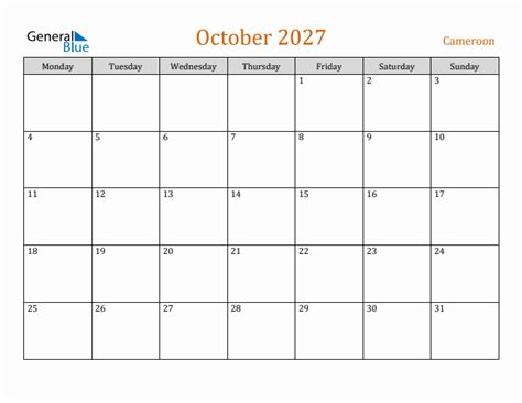 Free October 2027 Cameroon Calendar