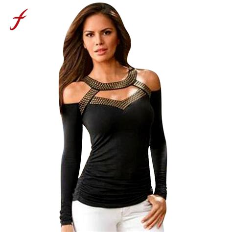 Feitong Sexy Off The Shoulder T Shirts For Women Fashion Rivet Strap