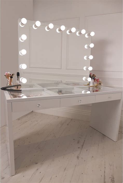 Modern white wooden vanity makeup table sets with rectangle led light mirror and stool. crisp white finish Slaystation make up vanity with premium ...