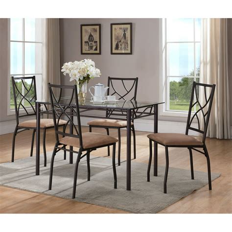 Colette 5 Piece Kitchen Dining Set Bronze Metal Frame And Tempered Glass Top Rectangular