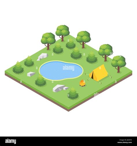 Isometric 3d Illustration Of Forest Camp Forest Landscape Stock Vector