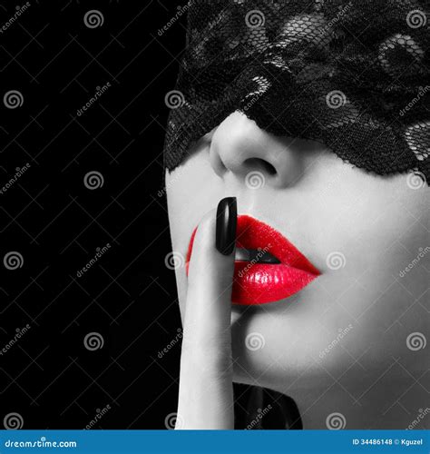 Hush Woman With Finger On Her Red Lips Showing Shush Erotic Girl With Lace Mask Over Black