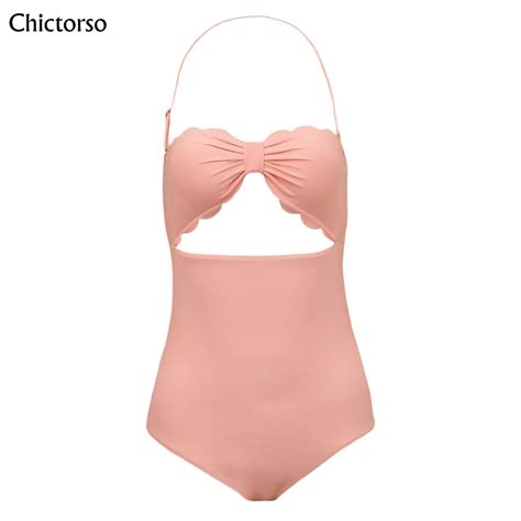 Chictorso Scalloped Pink One Piece Swimsuit Sexy Backless Bikini Women Monokini 2018 New Sumer