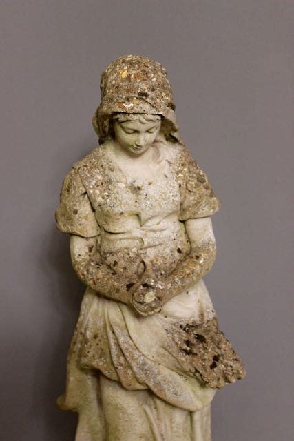 20thc Weathered Stone Statue Of A Girl With Harvest