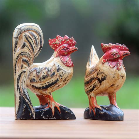 Hand Carved Wood Chicken Sculptures In Beige Pair Chicken Couple In