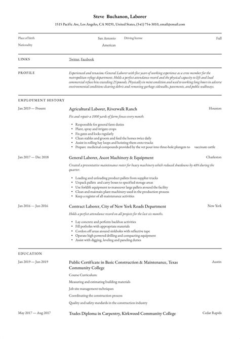 Free Printable Resume Template For General Labor