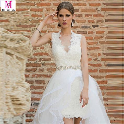 Unique Beautiful 2016 Mgs High Low V Neck Lace Short Wedding Dresses