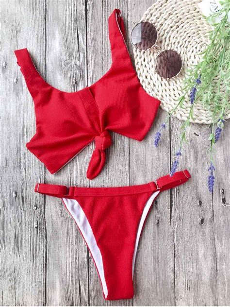 17 Off 2020 Adjustable Textured Knotted Bralette Bikini Set In Red