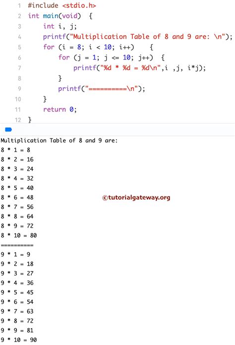 C Program To Print Multiplication Table
