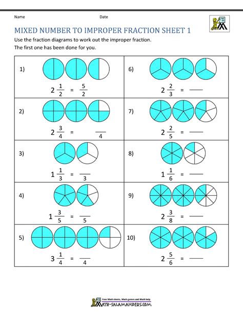 Drawing Improper Fractions And Mixed Numbers Worksheets