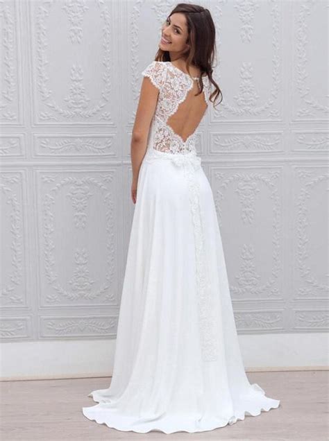 2018 Ivory Summer Beach Wedding Dress Lace Top Chiffon Sexy Open Back Floor Length Cheap Bridal