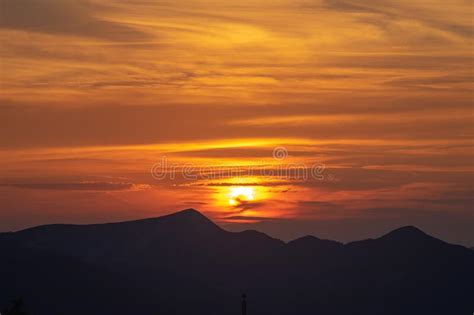 Silhouette Of Mountains At Sunset In The Carpathian Mountains In Summer