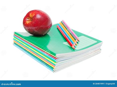 Notebooks Pencils And Apple Stock Image Image Of Isolated Folders