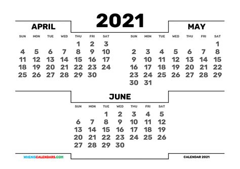 Free April May June 2021 Calendar Printable 214723