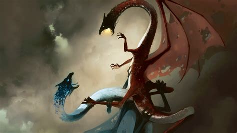 Fantasy Blue And Red Dragons Are Fighting Hd Dreamy Wallpapers Hd