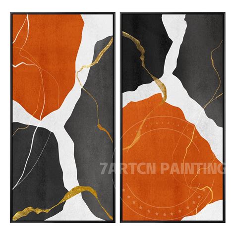 Modern Abstract Set Of 2 Pieces Geometry Acrylic Canvas Painting Brown