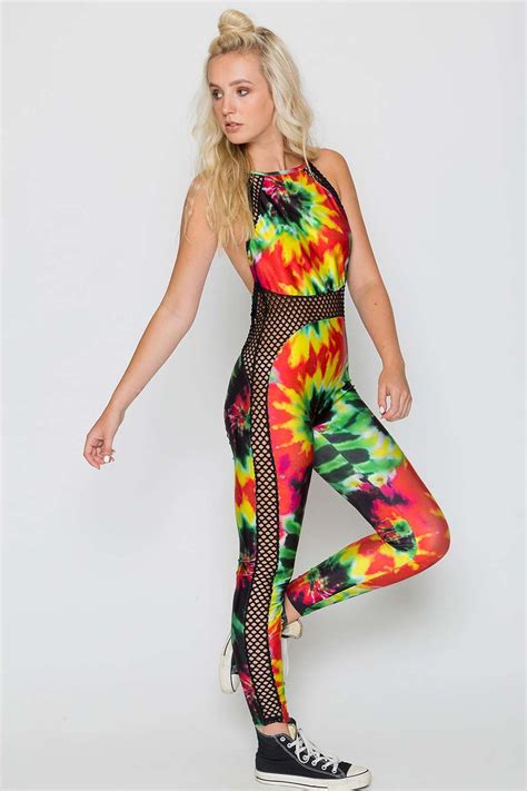 tie dye festival mesh insert catsuit by jaded london playsuits and jumpsuits clothing