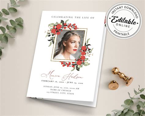 Funeral Program Template With Red Flowers Floral Memorial Etsy