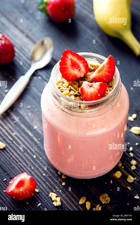 Strawberry And Banana Smoothie With Homemade Granola Healthy Breakfast Or Snack Banana And