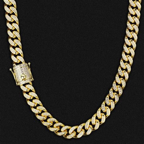 14mm Iced Out Cuban Link Chain For Mens Necklace In 14k Gold Krkc