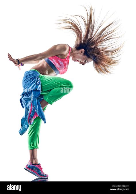One Caucasian Woman Zumba Dancers Dancing Fitness Exercising Exercises In Studio Isolated On