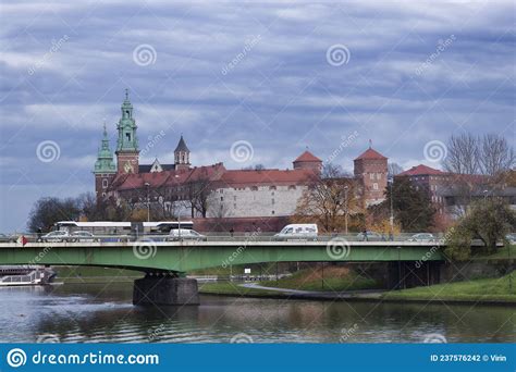 grunwald bridge over the vistula and wawel castle behind view from the deck of a ship on the