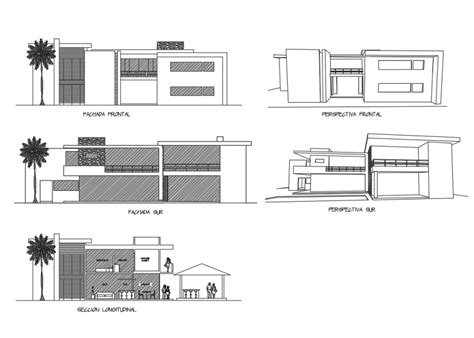 Modern Bungalow Two Story All Sided Elevations And Perspective View Details Dwg File Types Of