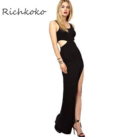 Richkoko 2017 Fashion Women Black Sexy Maxi Dress Side Split Wasit Cut