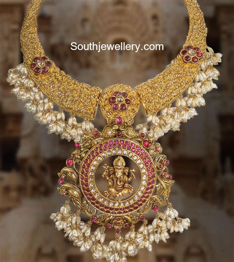 Antique Gold Necklace With Ganesh Pendant Indian Jewellery Designs
