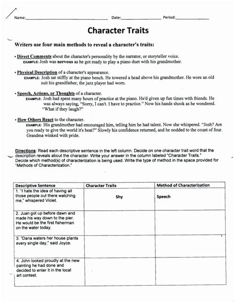 50 Identifying Character Traits Worksheet