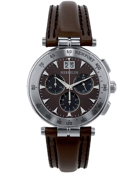 michel herbelin newport yacht club chronograph mh36657 48ma silver case with brown leather