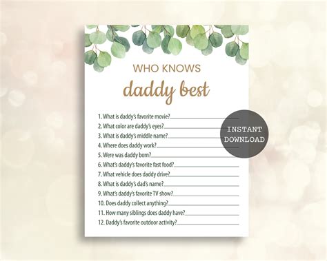 Who Knows Daddy Best Eucalyptus Baby Shower Game Greenery Baby Etsy