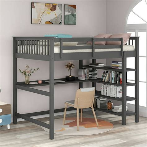 Euroco Wood Loft Bed With Desk Full Grey