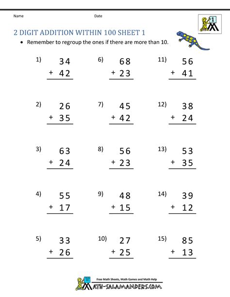Math Addition Worksheets 100 Problems