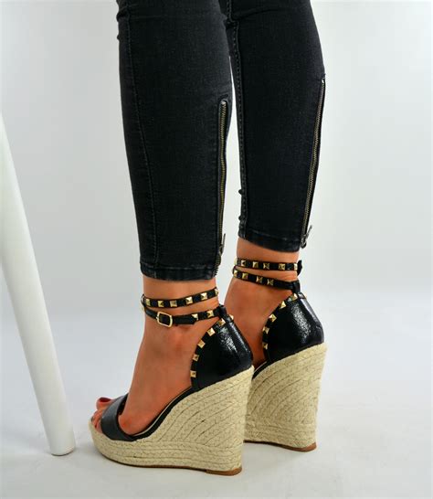 New Womens High Wedge Heels Ladies Espadrille Studded Platforms Shoes ...