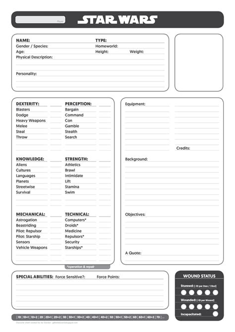 Star Wars Saga Edition Form Fillable Character Sheet Pdf Printable